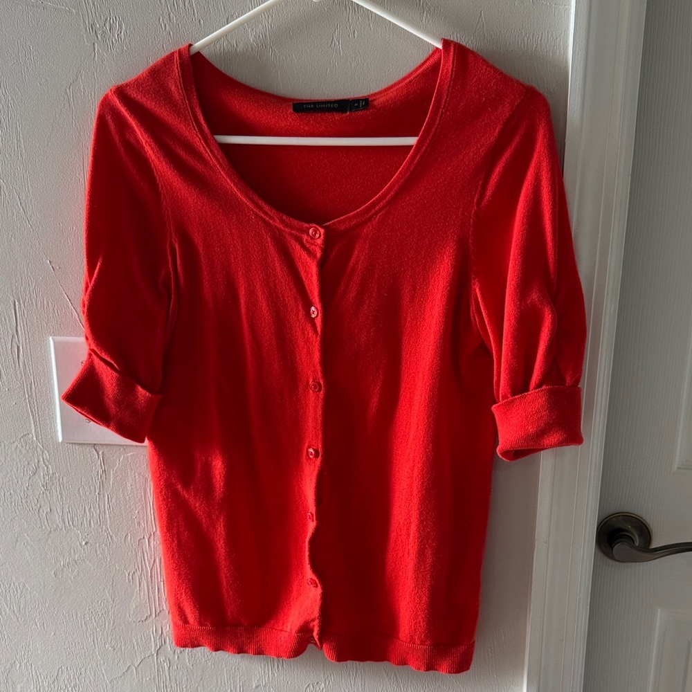 Red Orange short sleeve sweater with ruching on the sleeves